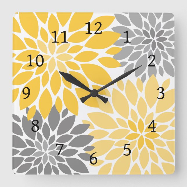 Yellow and Gray Chrysanthemums Floral Pattern Square Wall Clock (Front)