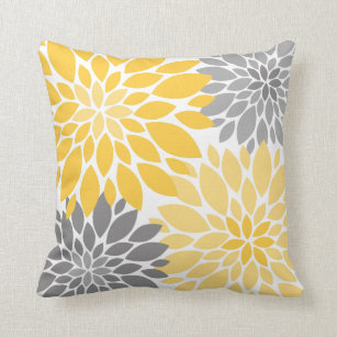 Yellow and Gray Chrysanthemums Floral Pattern Throw Pillow