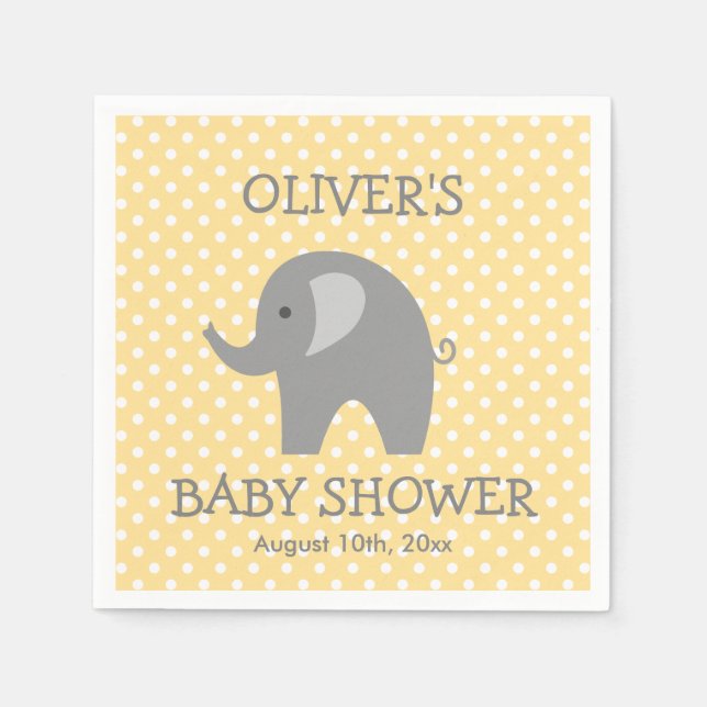 Yellow and gray cute elephant baby shower napkins (Front)