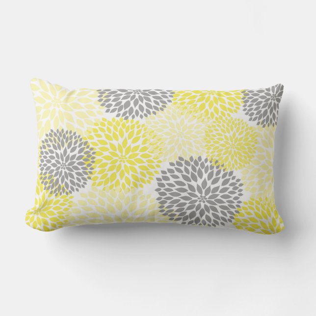 Yellow and Gray Dahlia / Mums rectangular pillow (Front)
