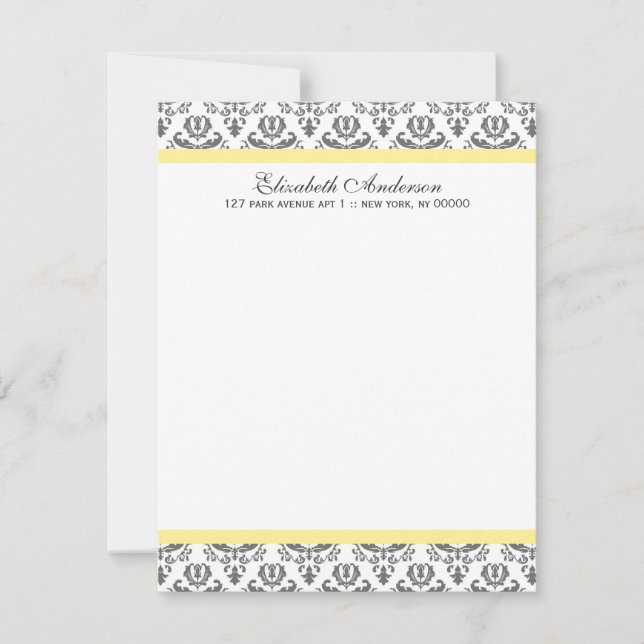 Yellow and Gray Damask Flat Thank You Notes Invitation (Front)