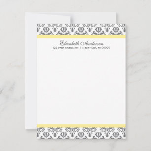 Yellow and Gray Damask Flat Thank You Notes Invitation