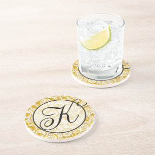 Yellow and Gray Damask Monogram Drink Coaster