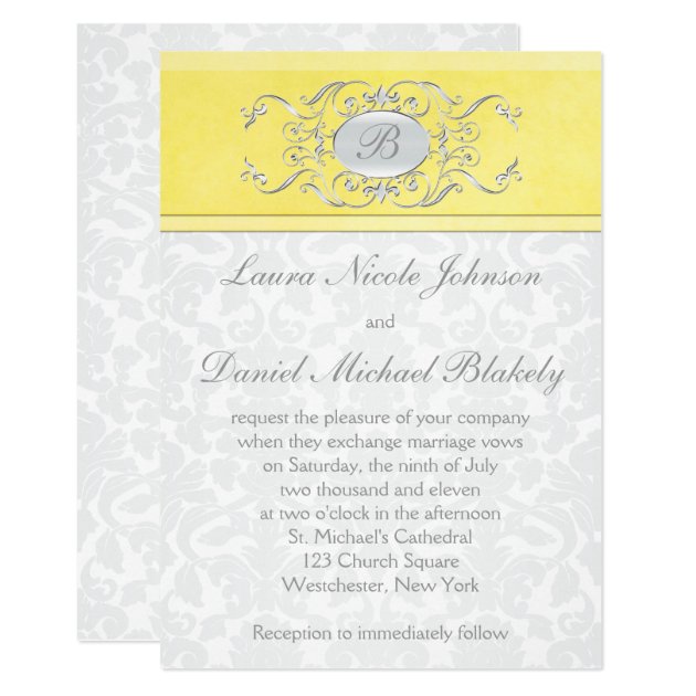 Yellow And Gray Damask Monogrammed Invitation