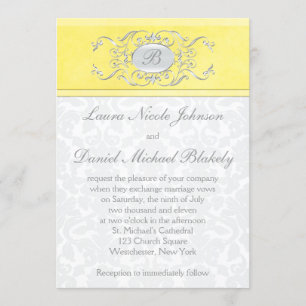 Yellow and Gray Damask Monogrammed Invitation