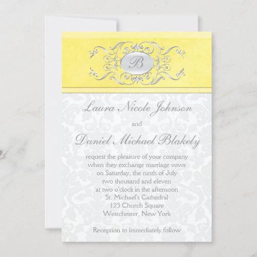 Yellow and Gray Damask Monogrammed Invitation