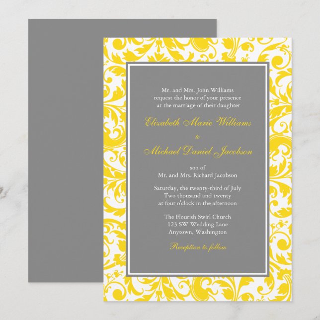 Yellow and Gray Damask Swirls Wedding Invitations (Front/Back)
