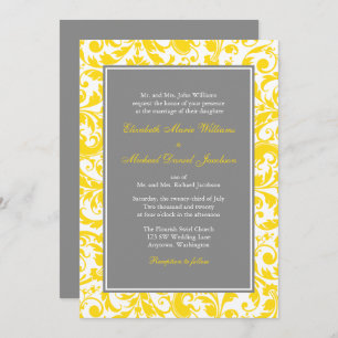 Yellow and Gray Damask Swirls Wedding Invitations