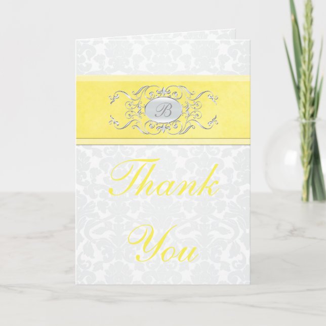 Yellow and Gray Damask Thank You Card (Front)