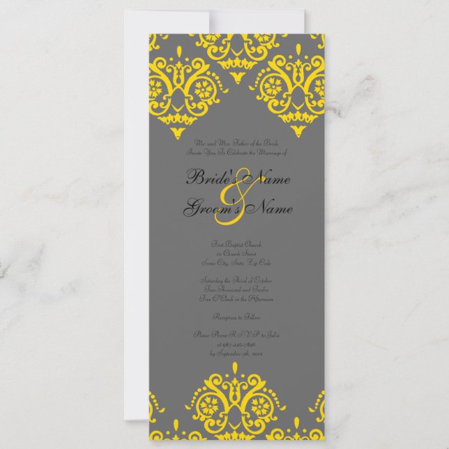 Yellow and Gray Damask Wedding Invitation (Front)