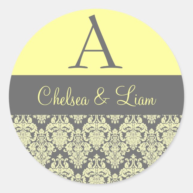 Yellow and Gray Damask Wedding Monogram V2 Classic Round Sticker (Front)
