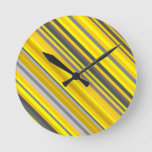 [ Thumbnail: Yellow and Gray Diagonal Lines/Stripes Pattern Round Clock ]