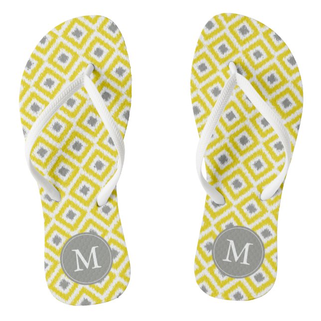 Yellow and Gray Diamonds Ikat Pattern Personalized Flip Flops (Footbed)
