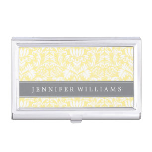 Yellow and Gray Elegant Damask Personalized Business Card Holder