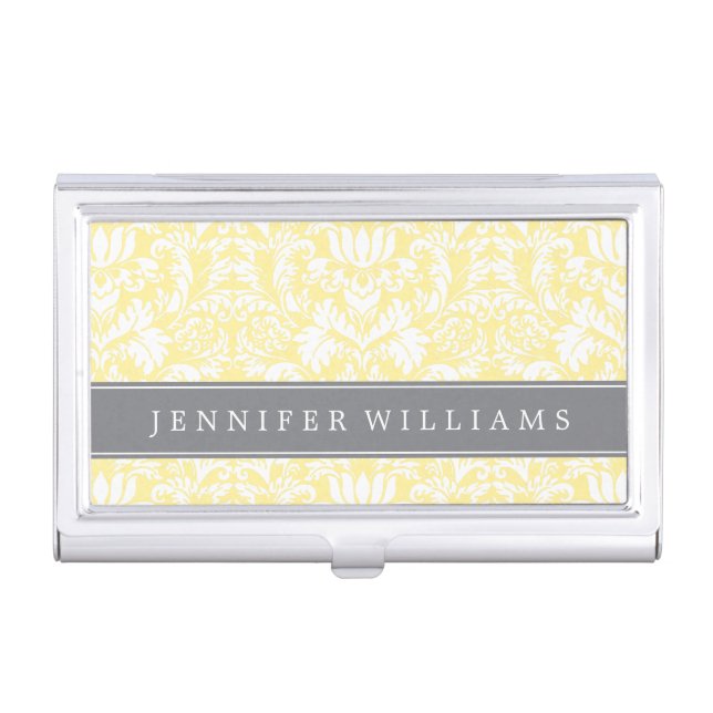 Yellow and Gray Elegant Damask Personalized Business Card Holder (Front)