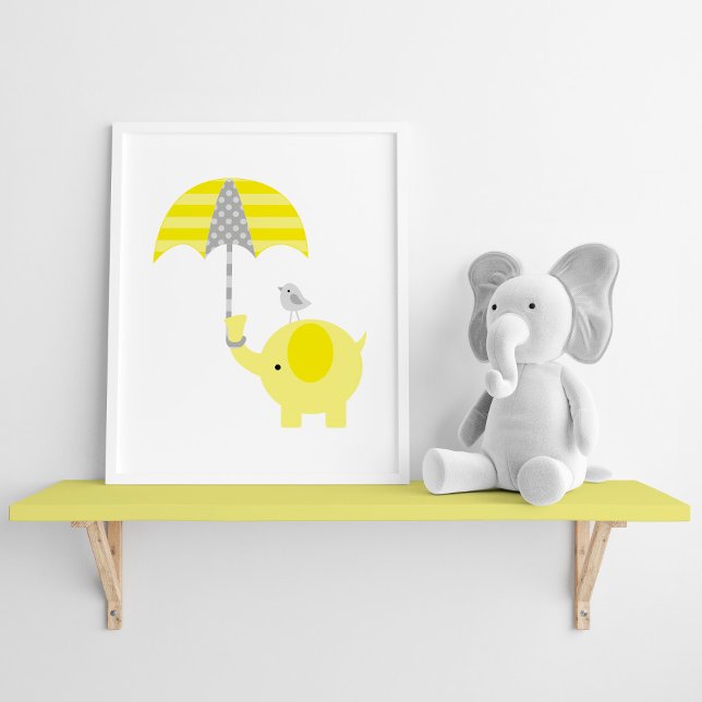 Yellow and Gray Elephant and Bird Nursery Poster (Creator Uploaded)