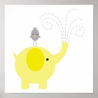 Yellow and Gray Elephant and Bird Nursery Poster