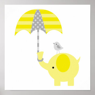 Yellow and Gray Elephant and Bird Nursery Poster