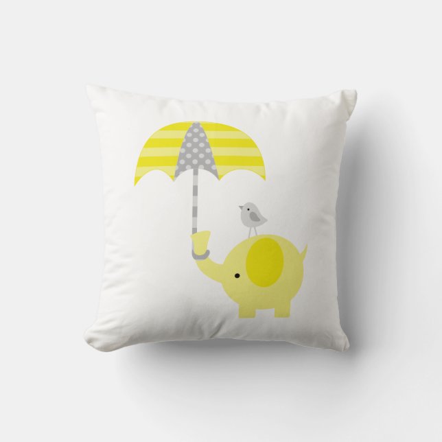 Yellow and Gray Elephant and Bird Throw Pillow (Front)