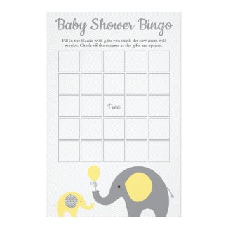 Yellow and Gray Elephant Baby Shower Bingo Game Flyer