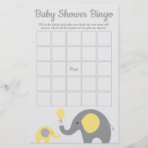 Yellow and Gray Elephant Baby Shower Bingo Game Flyer