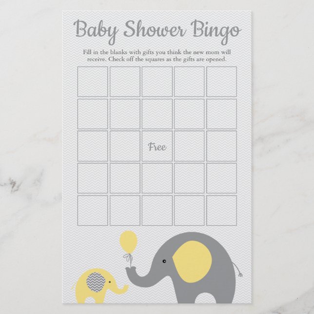 Yellow and Gray Elephant Baby Shower Bingo Game Flyer (Front)