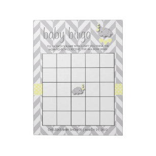 Yellow and Gray Elephant Baby Shower Bingo Game Notepad