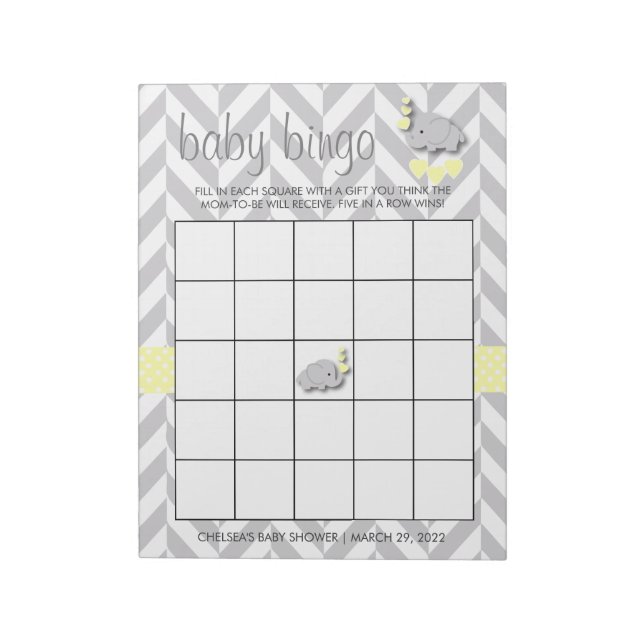 Yellow and Gray Elephant Baby Shower Bingo Game Notepad (Rotated)
