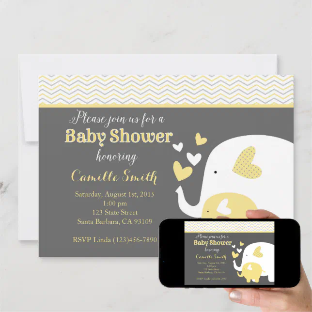 Yellow and Gray Elephant Baby Shower Invitation Zazzle