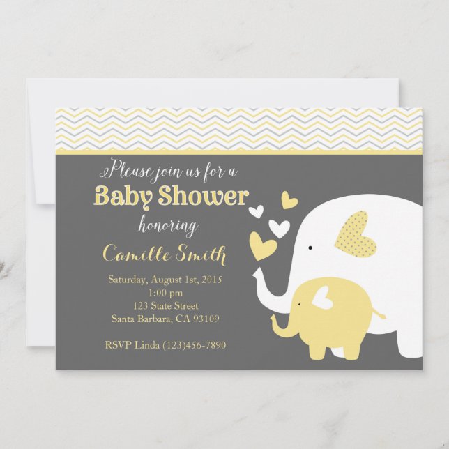 Yellow and Gray Elephant Baby Shower Invitation (Front)