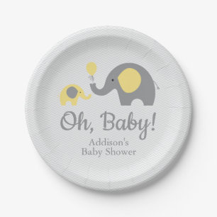 Yellow and Gray Elephant Baby Shower Paper Plates