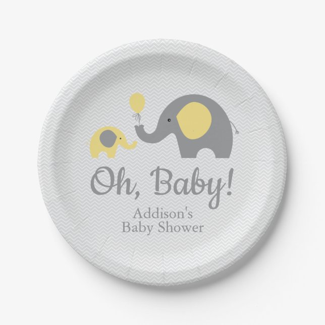 Yellow and Gray Elephant Baby Shower Paper Plates (Front)