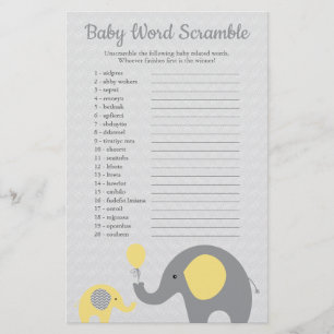 Yellow and Gray Elephant Baby Shower Word Scramble Flyer