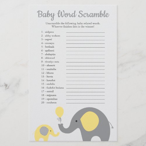 Yellow and Gray Elephant Baby Shower Word Scramble Flyer