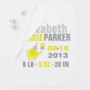 Yellow and Gray Elephant Birth Announcement Receiving Blanket