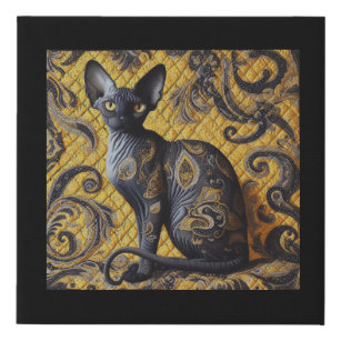 Yellow and Gray Faux Quilt Sphynx Canvas Art
