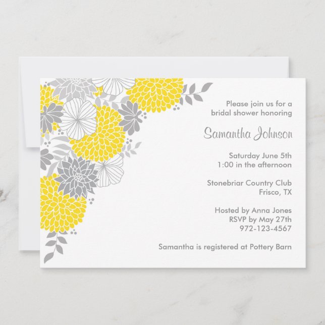 Yellow and Gray Floral Bridal Shower Invitations (Front)