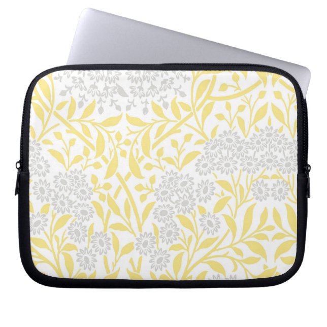 Yellow and Gray Floral Damask Pattern Laptop Sleeve (Front)