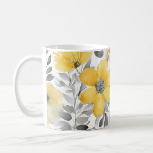 Yellow And Gray Floral Design Watercolors Coffee Mug