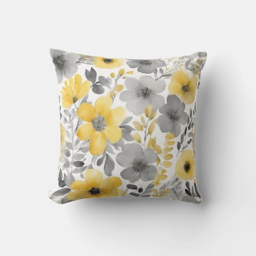 Yellow And Gray Floral Design Watercolors Throw Pillow