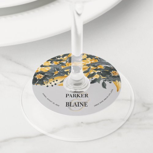 Yellow and Gray Floral Elegant Watercolor Wedding Wine Glass Tag
