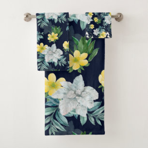 Yellow and Gray Floral Pattern Bath Towel Set