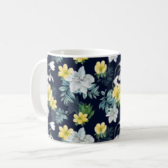Yellow and Gray Floral Pattern Coffee Mug (Front Left)