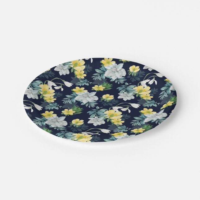 Yellow and Gray Floral Pattern Paper Plates (Angled)