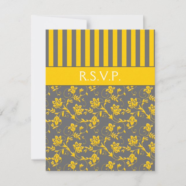 Yellow and Gray Floral Striped RSVP Card (Front)