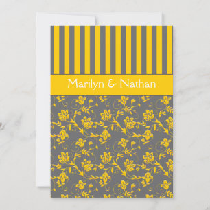 Yellow and Gray Floral Striped Wedding Invitation