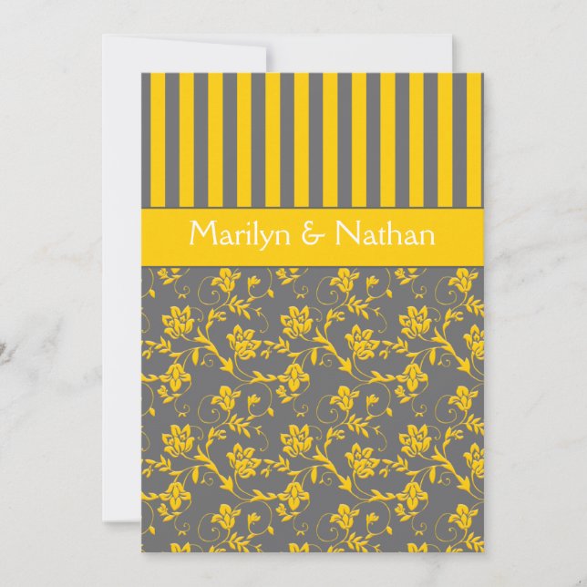 Yellow and Gray Floral Striped Wedding Invitation (Front)