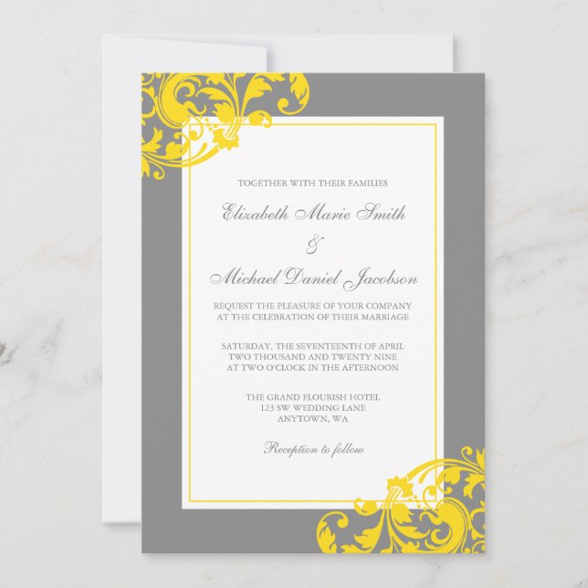 Yellow and Gray Flourish Swirls Wedding Invitation (Front)