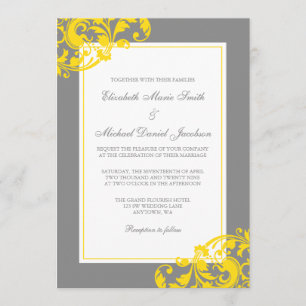 Yellow and Gray Flourish Swirls Wedding Invitation