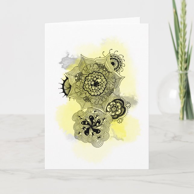 Yellow and Gray Flower Doodles Greeting Card (Front)